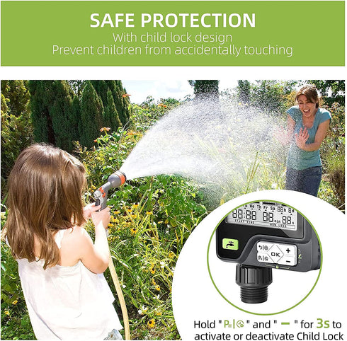 KGDJS Sprinkler Timer, Rain Sensor Water Timer Garden Outdoor Hose with Manual/Automatic/Rain Delay Watering System, Hose Timer with Six Irrigation Modes Memory for Lawn, Garden, Black