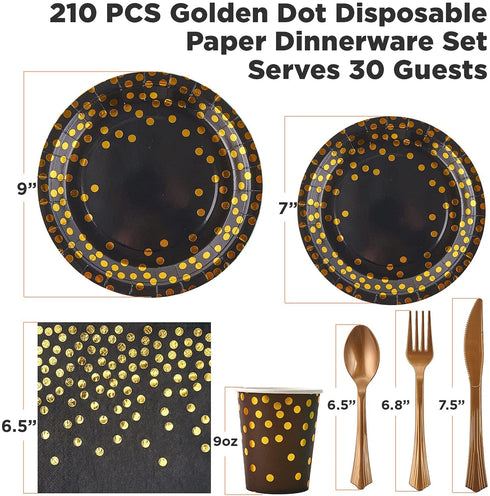 FOCUSLINE Black and Gold Party Supplies 210 PCS Paper Party Dinnerware 30 Guests - Disposable Black Paper Plates Napkins Cups & Gold Plastic Forks Knives Spoons for Graduation, Birthday, Wedding