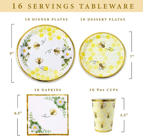 Bumble Bee Tableware Party Decorations | Paper Plates, Napkins, Beverage Cups | Baby Shower Gender Reveal Neutral Supplies, Birthdays and Weddings, Honeycomb, Yellow Floral, Gold Foil, Serves 16