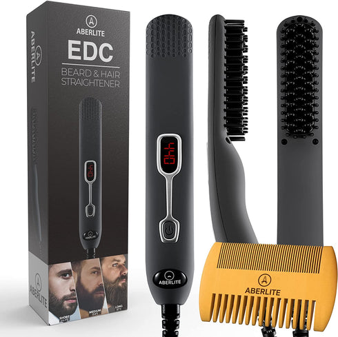 Aberlite EDC - Premium Beard Straightener Brush for Men - Professional Straightening Tool Heated Comb - Beard Kits for Men - Beard Kits Gift Sets Men - Beard Grooming Kit for Men Gift Set (Grey)