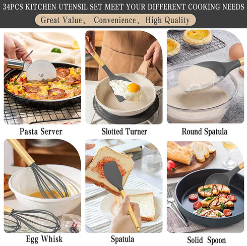 Silicone Cooking Kitchen Utensil Set, Umite Chef 34pcs Heat Resistant Kitchen Utensils with Holder, Kitchen Spatula Set with Wooden Handle, Kitchen Gadget Tools for Nonstick cookware-Grey(BPA Free)