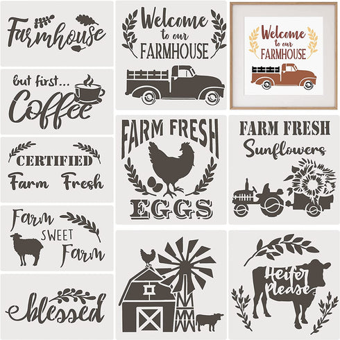 10 Pieces Farmhouse Stencils Farm Reusable Stencils Farm Theme Painting Stencils for Scrapbooking Drawing Tracing DIY Furniture Wall Floor Fabric Decors, 2 Sizes and 10 Patterns