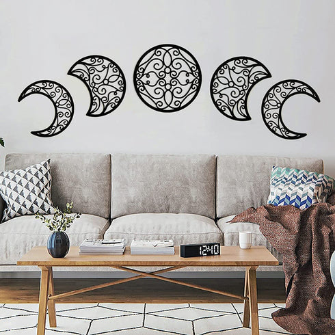ASMANNA 5 Pieces Moon Decoration Wall Decoration Wooden Moon Phase Wall Hanging Bohemian Style Bedroom Home Wall Decor Bohemian Lunar Aesthetic Art for Bedroom Living Room Dorm Apartment Office(black)