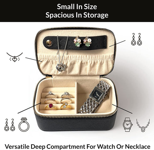 Travel Jewelry Case | Small Jewelry Travel Organizer | Cute Travel Jewelry Box | Travel Ring Case with Storage for Earrings, Necklaces, Watch - Practical Travel Gift by COSMIYA - Black