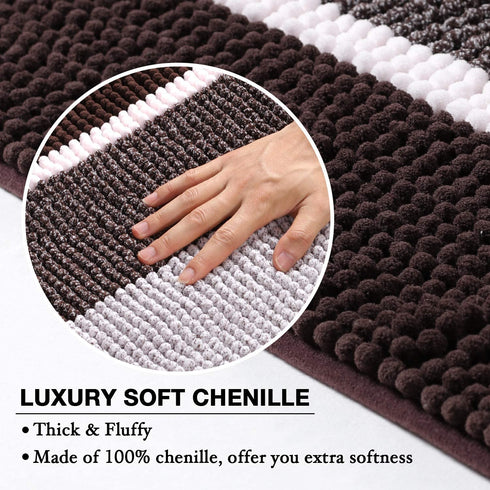 Luxury Chenille Plush Floor Door Mat for Kitchen Entryway, Gradient Chocolate Stripe Pattern Machine Washable Mat, Slip-Resistant Absorbent Shaggy Bath Rug for Bathroom, 24x36 inch