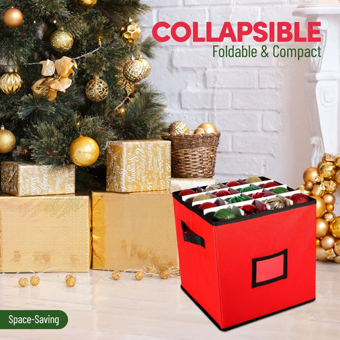 Christmas Ornament Storage Box - 12 x 12 Inch, 4-Layer Ornament Storage Container Fits Up To 64 Christmas Balls - Heavy-Duty Polyester Ornaments Storage and Organizer with Removable Lid