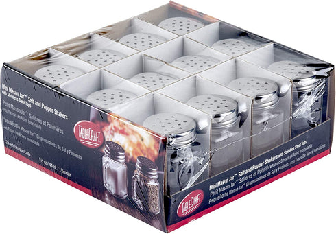 Tablecraft Mini Mason Salt & Pepper Shaker with Stainless Steel Top, 12 per Pack, 1.5 oz