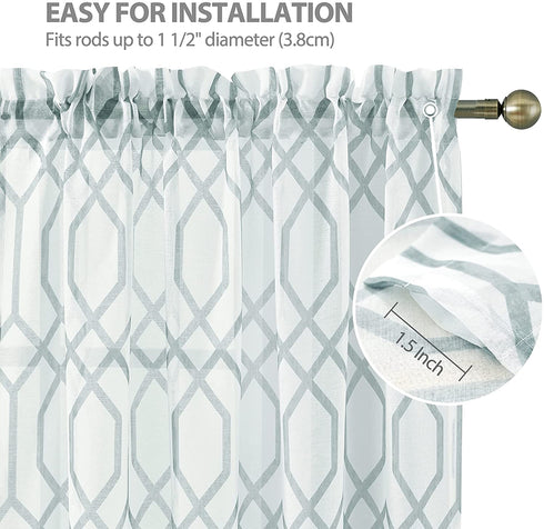 AUFENLLY Geometric Moroccan Patterned Sheer Curtains 63 Inch Length 2 Panels Faux Linen Modern Farmhouse Contemporary Sheer Curtains for Living Room Bedroom Rod Pocket 54 x 63 Inch 2 Panels, Grey
