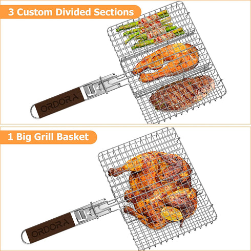 ORDORA Grill Basket, Fish Grill Basket, Rustproof 304 Stainless Steel BBQ Grilling Basket for Meat,Steak, Shrimp, Vegetables, Chops, Heavy Duty Grill Basket Outdoor Grill Accessories
