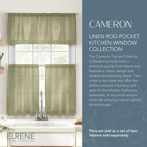 Elrene Home Fashions Cameron Linen Tier Curtains, 30" W x 24" L Each (Set of 2 Tiers), Sage Green