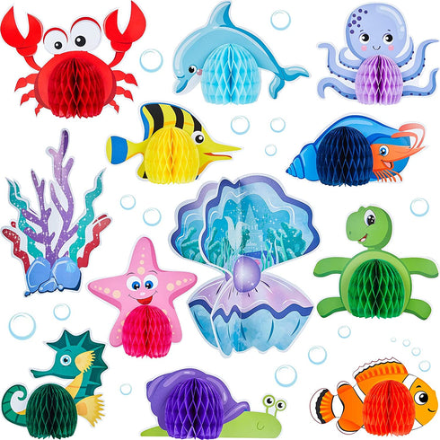 12 Pieces Ocean Sea Animal Honeycomb Centerpiece Under the Sea Table Decorations Ocean Themed Marine Creature Decoration Fish Mermaid Table Honeycomb for Beach Themed Birthday Party Baby Shower