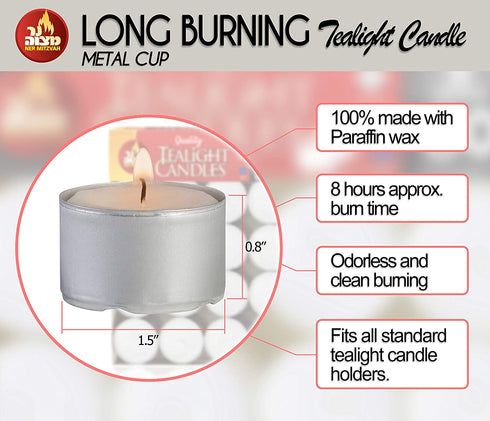Ner Mitzvah Long Burning Tealight Candles - 8 Hours - White - Unscented - 40 Pack - Made in EU