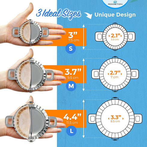Dumpling Maker Press Set of 3 Molds BONUS Pastry Mat, Empanada Press for Cooking Pierogi Ravioli Turnover Wrappers, Stainless Steel Dumpling Mould - Pack of 3 Sizes with Silicone Dough Mat