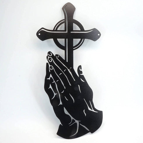 Steel Peaceful Praying Hands with Cross for Prayer - 15"X7" Inch Large Metal Wall Mount Holy Decor and Bibical Hanging Decoration (Black)