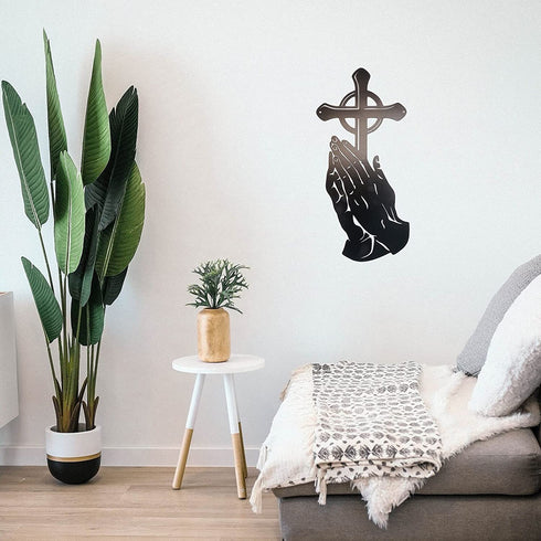 Steel Peaceful Praying Hands with Cross for Prayer - 15"X7" Inch Large Metal Wall Mount Holy Decor and Bibical Hanging Decoration (Black)