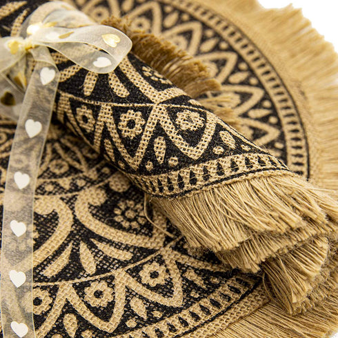 CAPASIN Boho Round Placemats Set of 4 Brown Dining Modern Dinner Braided Beige Table and Fall Circle Runner Kitchen Plate Mats Runners for White Place with Fringe Gold(Brown Tassel A)