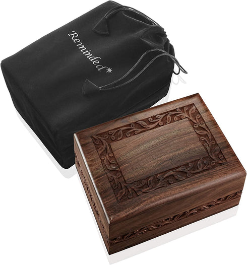 Reminded Rosewood Hand-Carved Urn Box Cremation Memorial with Velvet Bag - Medium
