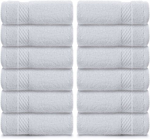 WhiteClassic Luxury Cotton Washcloths - Large Hotel Spa Bathroom Face Towel | 12 Pack | White