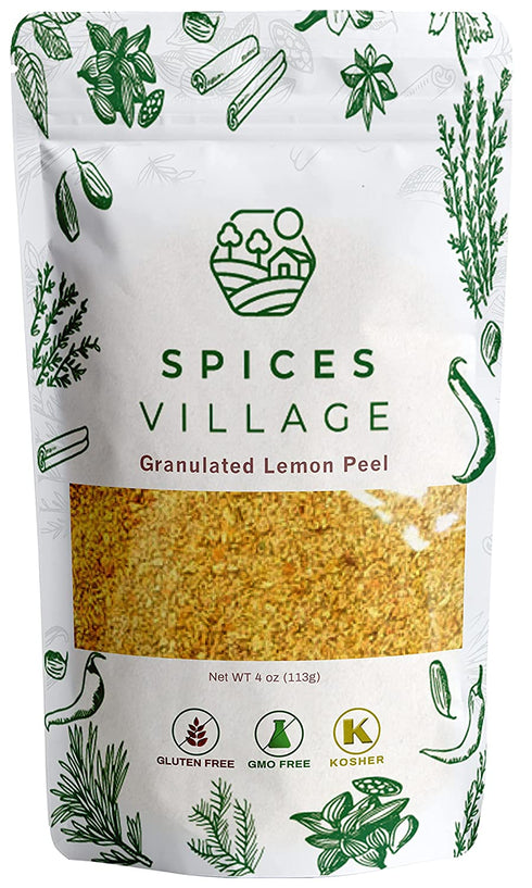 SPICES VILLAGE Dried Lemon Peel Granules (4 Oz) - Fresh Lemon Peel Zest and Rind, Citrus Fruit Seasoning for Cooking, Baking & Herb Tea - Kosher, Gluten Free, Non GMO, Resealable Bulk Bag