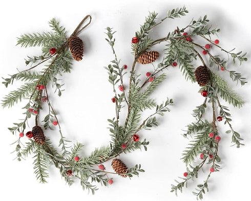 LOHASBEE Artificial Christmas Garland, 5 Feet Pine Cone Boxwood Garland with Red Berries, Bells Glitter for Christmas Indoor Outdoor Garden Gate Front Door Home Wall Window Stair Decor