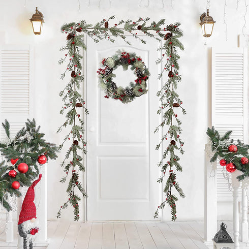 LOHASBEE Artificial Christmas Garland, 5 Feet Pine Cone Boxwood Garland with Red Berries, Bells Glitter for Christmas Indoor Outdoor Garden Gate Front Door Home Wall Window Stair Decor