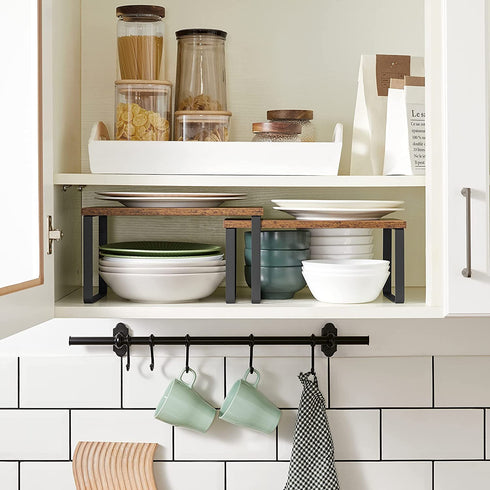 SONGMICS Cabinet Shelf Organizers, Set of 2 Countertop Organizers, Kitchen Counter Shelves, Stackable, Expandable, Metal and Particleboard, Rustic Brown and Black UKCS020X01