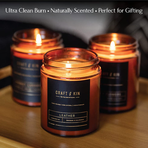 Leather Candle | Premium Scented Candles for Men & Women | All-Natural Soy Candles, Rustic Home Decor Scented Candles | Ultra Clean Burn Amber Jar Candles, Non-Toxic Aromatherapy Candles