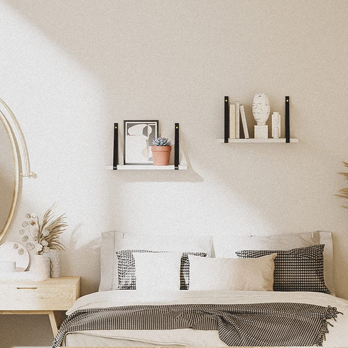 POTEY White Floating Shelves Wall PU Leather Strap for Bathroom Bedroom, Living Room, Kitchen, Set of 2 Solid Wood Hanging Plant Shelf Over Toilet, Modern Home Décor