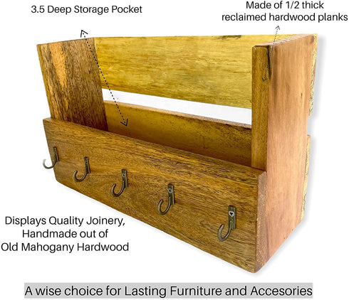 Wrightmart Key Ring Hanger, 5 Hook, Wall Mounted Organizer, Keyholder, Mail, Wallet , Phone, Sunglass Storage Unit, Secure Command Center Pocket, Decorative Rustic Farmhouse Wood, Natural Finish