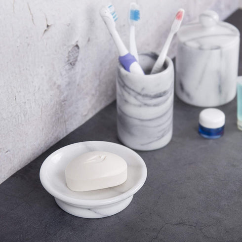 Creative Home Genuine Natural Marble Round Bar Soap Dish Soap Tray Holder Countertop Organizer, 5" Diam. x 1.5" H, Off-White