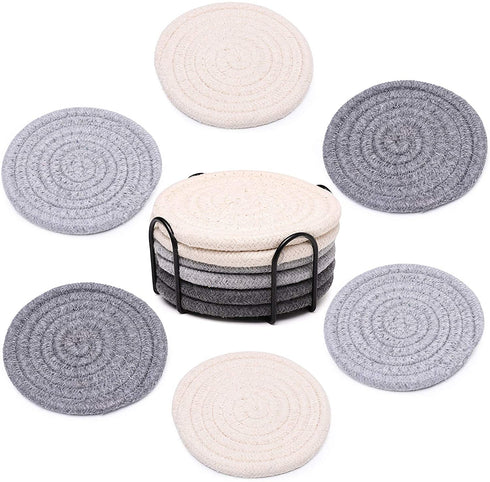 Coasters for Drinks, Braided Absorbent Coasters with Holder (6-Piece Set) for Home and Kitchen-Light (Set 2)