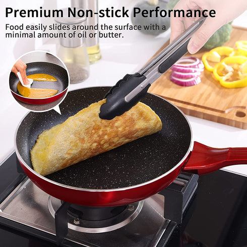 Frying Pan 8 inch, Non-stick Skillet for All Stoves, 100% Non-toxic Cooking Pans, Red Cookware, Induction, Dishwasher Safe