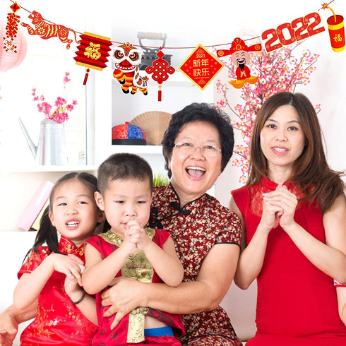 HOWAF 2022 Chinese New Year Hanging Decorations, 30pcs Red Gold Chinese New Year Hanging Swirls and Lion Dance Lantern Firecracker Tiger Banner Set for Spring Festival New Year Home Party Decorations