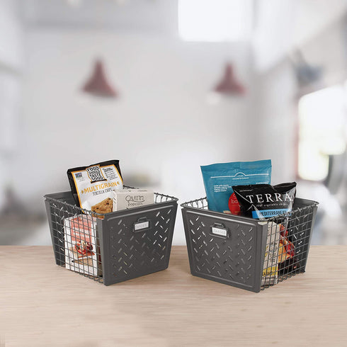 Spectrum Diversified Macklin, Stamped Steel & Wire Basket for Closet & Cubby Storage Vintage-Inspired Design with Customizable Label Plate, Large, Gray