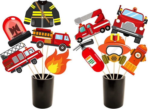 MALLMALL6 30Pcs Fire Truck Centerpiece Sticks Fireman Themed Birthday Party Favor Firefighter Table Topper Decorations Firetruck Fire Hat extinguisher Room Decor Photo Booth Props for Kids Baby Shower