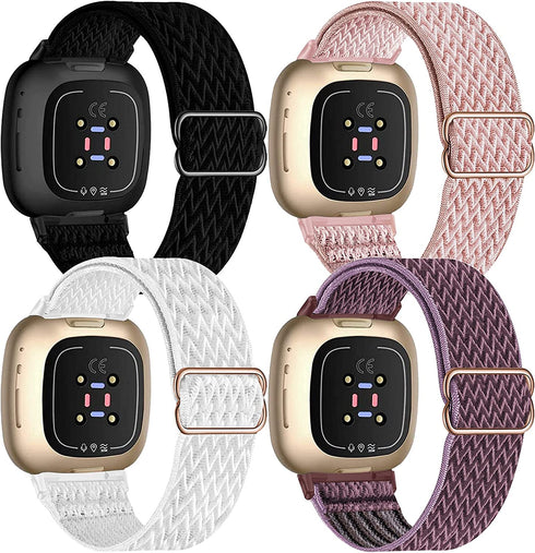 UHKZ 4 Pack Elastic Nylon Bands Compatible with Fitbit Versa 3/Fitbit Sense,Stretchy Fabric Sport Band for Fitbit Versa Smart Watch for Women Men,Black/Rose Pink/White/Smokey Mauve
