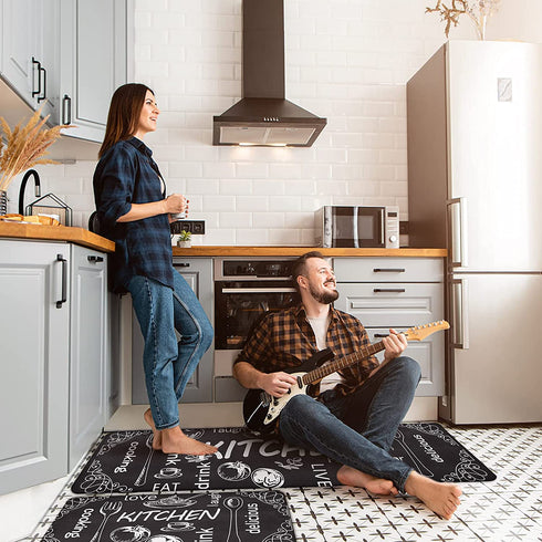 HYDLUB Black Kitchen Rugs and Mats Cushioned 18" x 29"+18" x 47" Anti Fatigue Set Farmhouse Kitchen Rug Runner Comfort PVC Leather Heavy Duty Standing Mats Waterproof Non Slip Kitchen Floor Mat