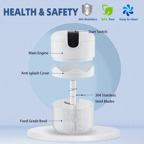 HeezeeBeezee Portable Electric Mini Garlic Chopper-Small Wireless Food Processor, Herb Grinder with USB Charging, Used for Ginger, Onion, Pepper, Vegetables, Meat, Herbs (3.4oz & 8.5oz Bowls), White