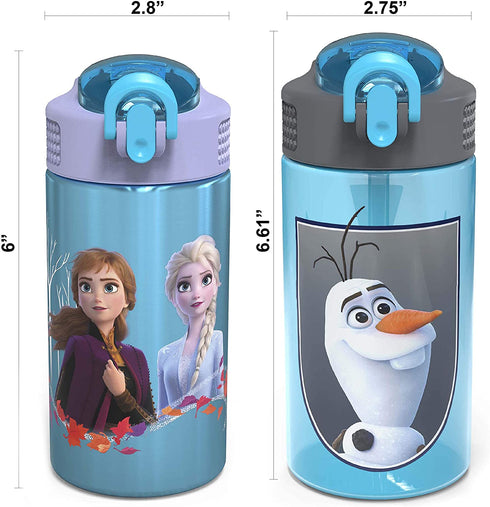Zak Designs Disney Frozen 2 Kids Water Bottle Set with Reusable Straws and Built in Carrying Loops, Made of Durable Stainless Steel & Plastic, Leak-Proof Bottle Design (Elsa/Anna, BPA-Free, 2pc Set)