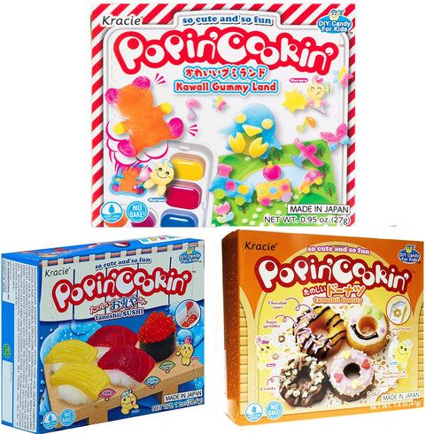 Kracie Popin' Cookin' Diy Candy Kit - 3 Pack Variety Pack Gummy Land Sushi Donut Making Cooking Assortment Set for Kids by Unha's Asian Snack Box