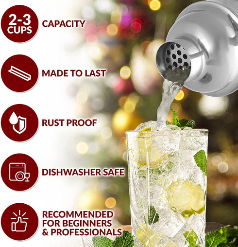 Large 24 oz Stainless Steel Cocktail Shaker Set - Mixed Drink Shaker - Martini Shaker Set With Built In Strainer, Double Sided Jigger & Combo Muddler Mixing Spoon - Pro Margarita Shaker - By Zulay