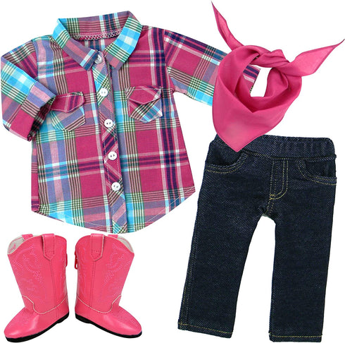 Sophia's Plaid Button Up Blouse, Denim Jeggings with Pockets, Pink Bandana, and Pink Cowgirl Boots Outfit 4 Piece Set for 18" Dolls, Multicolor