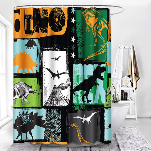Emvency 72"x72" Shower Curtain Waterproof Bathroom Home Decor Shark Dino Pattern for Original Design with Dinosaur Grunge for Boys Kids Summer Polyester Fabric Adjustable Hooks Set