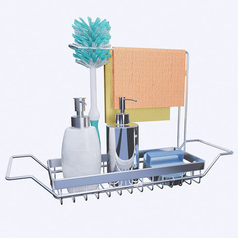 NEIIRO Stainless Steel Telescopic Sink Storage Rack - Expandable Kitchen Sink Caddy - Telescope Sink Rack Storage - Sponge Holder for Kitchen Sink Organization - Adjustable Holder with Towel Rack