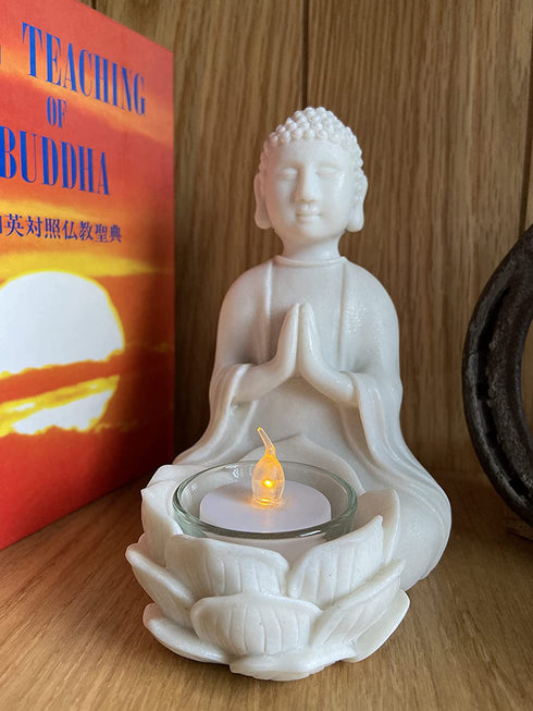 OakiWay Meditation Decor - Buddha Statue & Lotus Flower Candle Holder W/ Flickering Led Candle - Spiritual Decor, Zen/Yoga Accessories, Feng Shui/Spa/Japanese/Boho Decor, Relaxing Gifts for Women