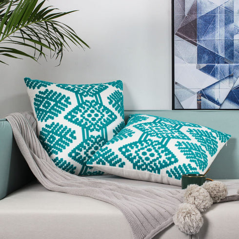 Teal Farmhouse Embroidered Decorative Pillow Covers Morocco Boho Diamond Couch Sofa Throw Cushion Cases Living Room Pillowcases,Pack 2,18x18
