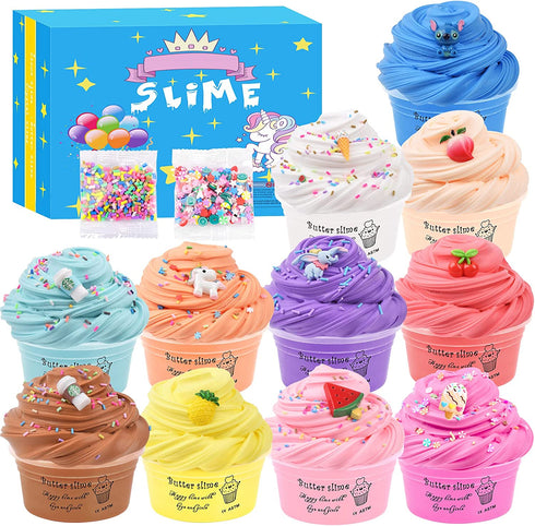DUJUANHUA Slime Kit with 11 Pack Butter Slime,Include Watermelon, Coffee, Stitch, Peachybbies Slime Charms etc, Soft Stretch and Non-Sticky, DIY Scented Slime Toy, Stress Relief for Girls and Boys