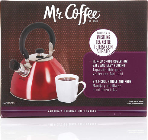 Mr. Coffee Morbern 1.8 Quart Stainless Steel Whistling Tea Kettle, Red