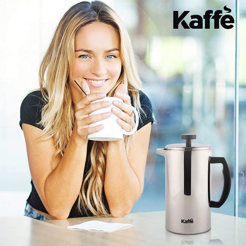Kaffe French Press Coffee Maker. Food-Grade Double-Wall Stainless Steel (6 Cups 0.8L). Extra Filter Included!