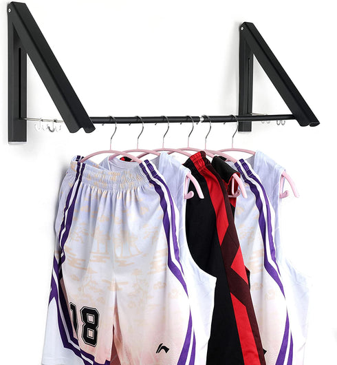 Tinfol Wall Mounted Clothes Drying Rack, 2pc Black Folding Cloth Hanger with Rod, Retractable Aluminum Home Storage Organiser Space Savers Coat Hanger for Laundry Room, Bathroom, Balcony